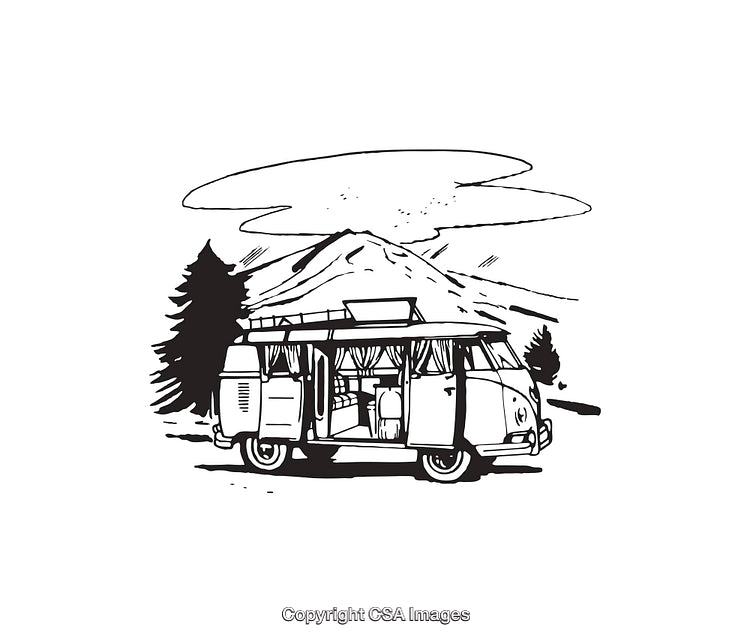 Retro Camper Van Illustration Amidst Mountain Scenery in Black and White Line Art