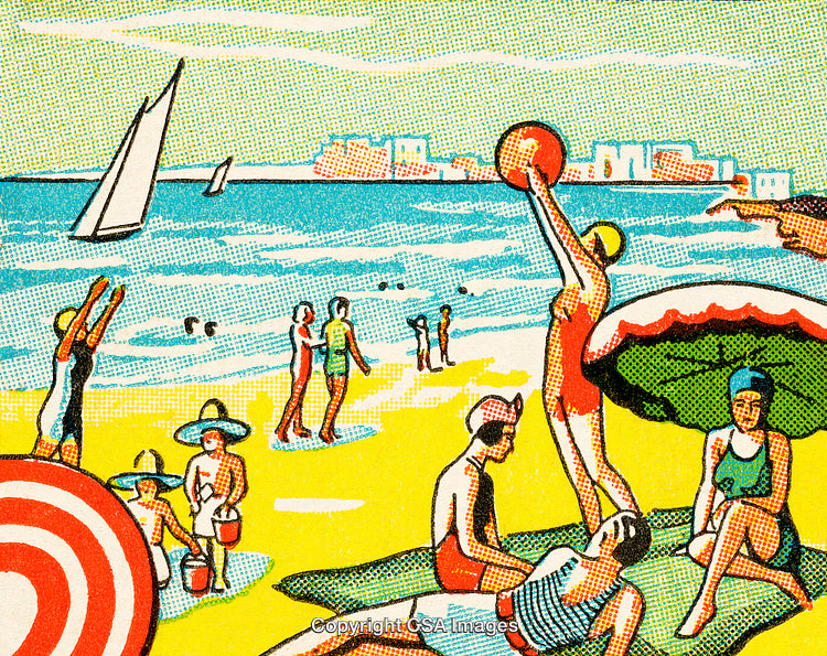 Vintage Style Illustration of a Vibrant Day at the Beachfront