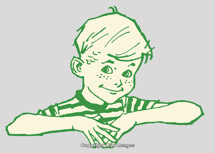 Green Line Art Illustration of a Cheerful Boy with Folded Hands