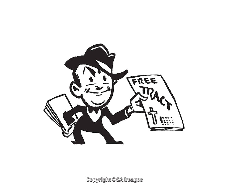 Black and White Drawing of a Character Offering Free Religious Tracts
