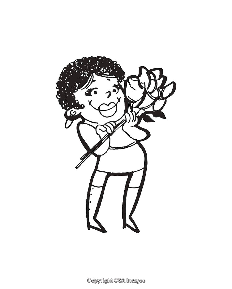 Cute Line Art of Child Holding a Bouquet of Flowers and Smiling