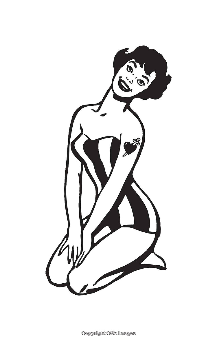 Retro Black and White Line Art of a Woman With Tattoo