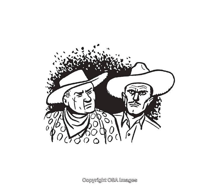 Vintage Line Art Illustration of Two Men Wearing Traditional Hats