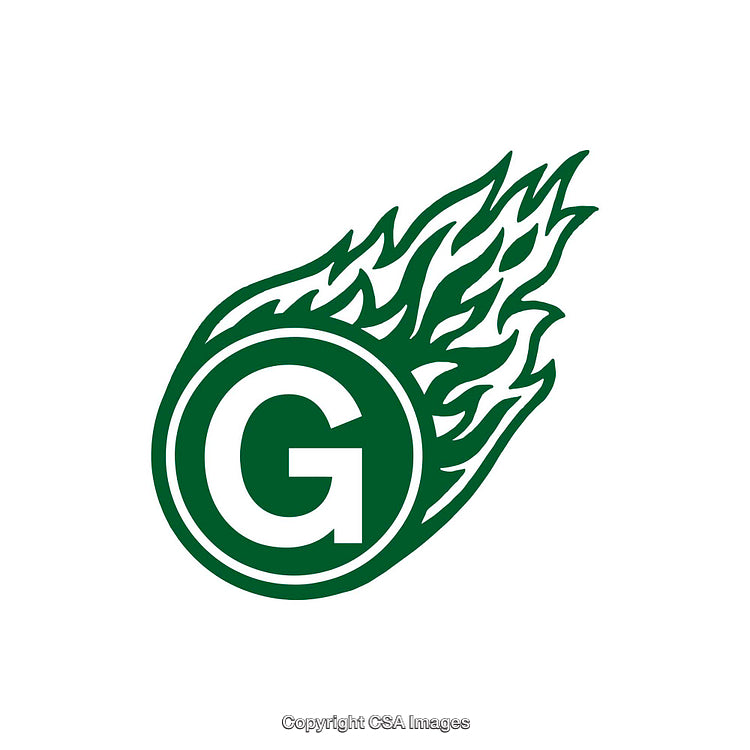 Green Letter G Emblem with Dynamic Flaming Design on White Background