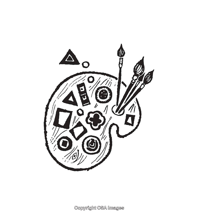 Hand-Drawn Artist's Palette with Brushes and Geometric Shapes