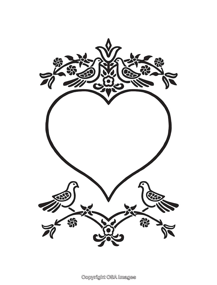 Elegant Heart Design with Birds and Floral Patterns in Black and White