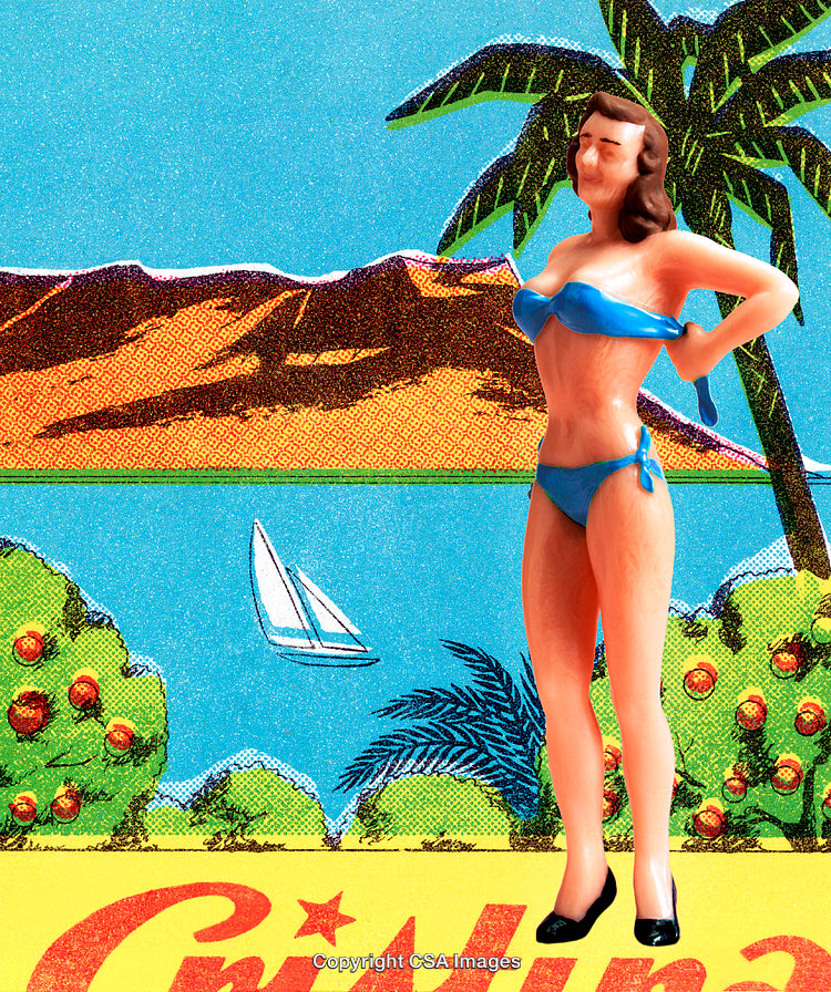 Colorful Beach Scene with Plastic Figurine in Blue Bikini