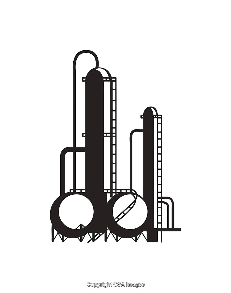 Industrial Plant Icon with Tanks and Pipelines in Black and White Design