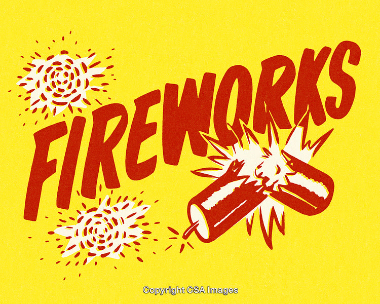 Vibrant Retro Fireworks Illustration with Explosions and Bright Yellow Background