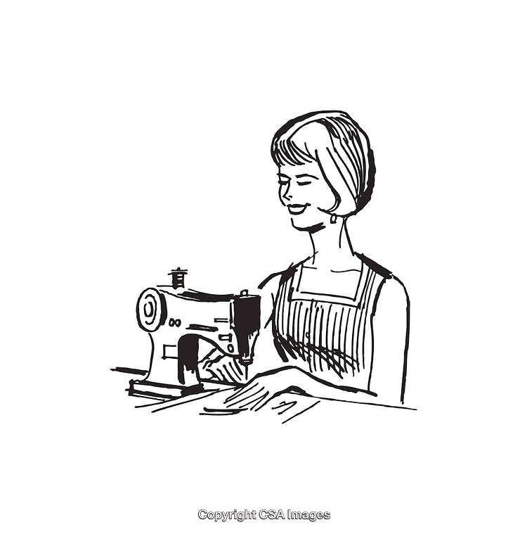 Vintage Black and White Illustration of a Woman Sewing with a Machine