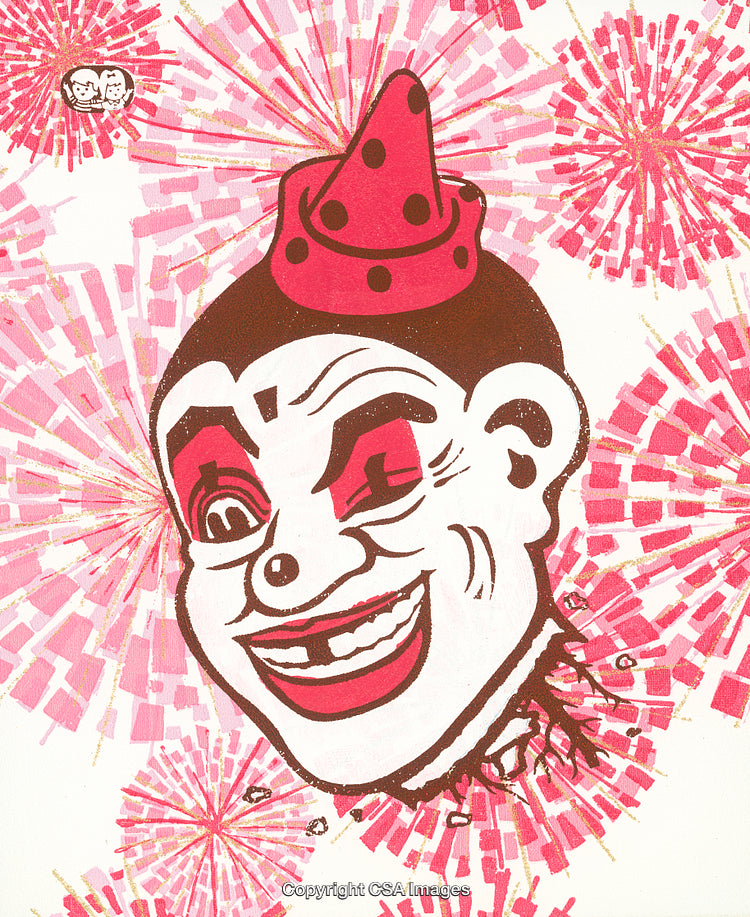 Colorful Caricature of a Party Clown Amidst Burst Patterns