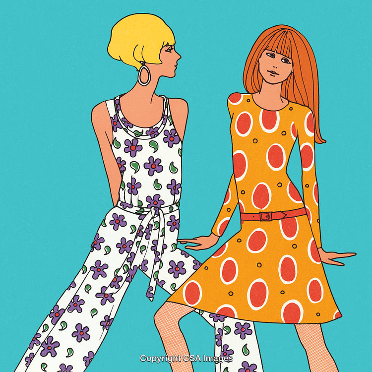 Retro Style Fashion Illustration Featuring Colorful Patterns and Vintage Dresses
