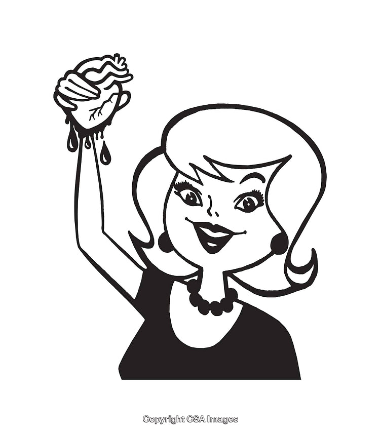 Retro Cartoon Illustration of Woman Holding a Dripping Object in Black and White