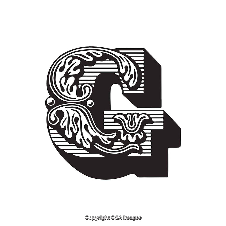 Intricate Decorative Letter G in Vintage Style Black and White Design