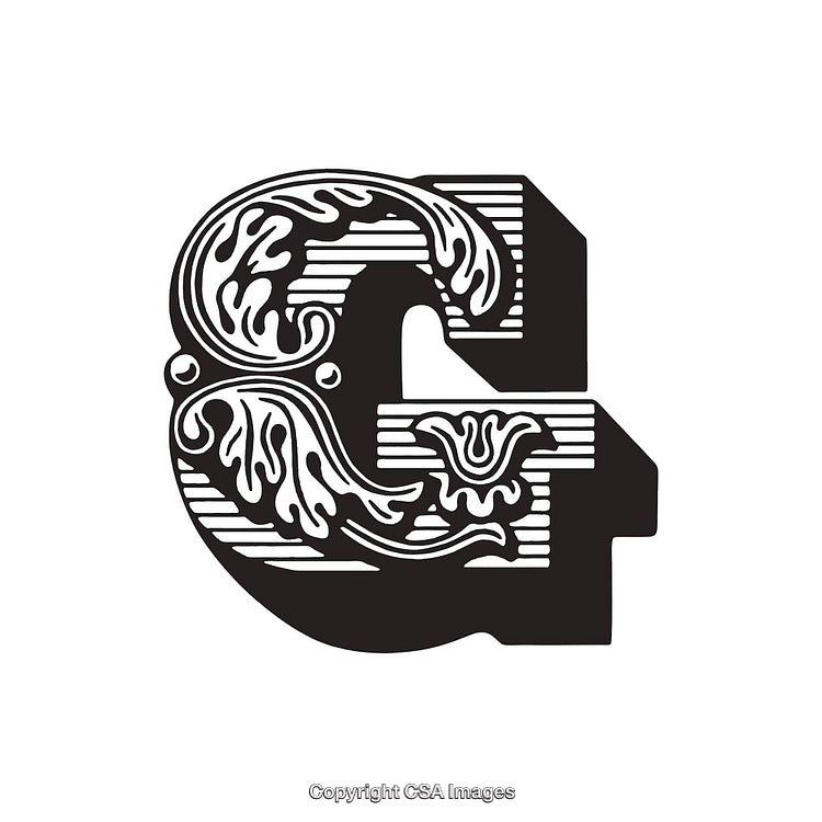 Intricate Decorative Letter G in Vintage Style Black and White Design