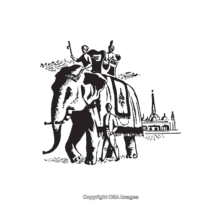Black And White Illustration of Elephant Procession and Architectural Landscape