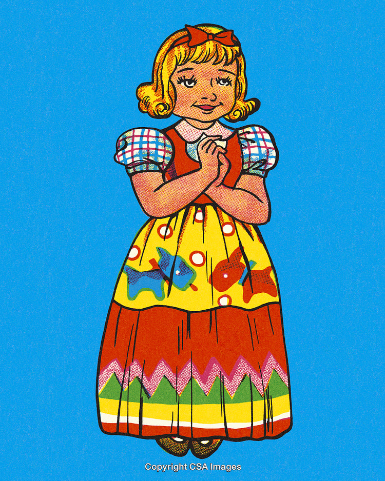 Colorful Illustration of a Smiling Girl in a Playful Outfit on Blue Background