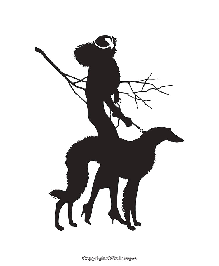 Black and White Icon of Stylish Woman Walking a Dog Silhouette
