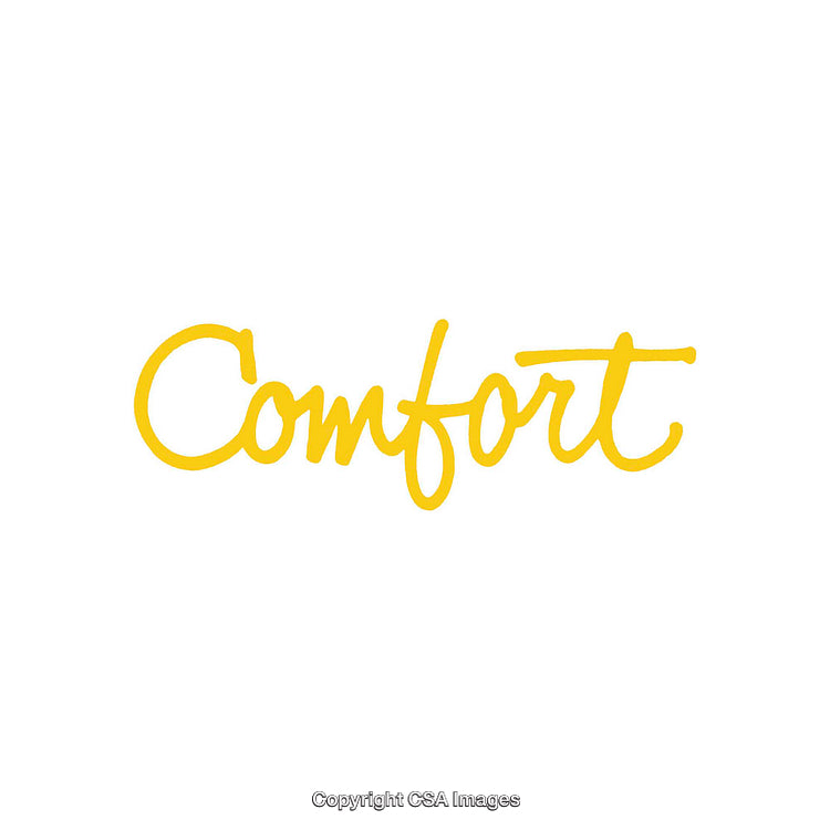 Yellow Cursive Word 'Comfort' on a Clean White Background