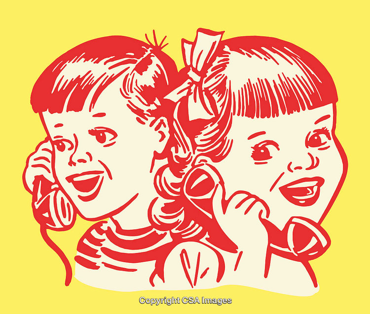 Vintage Illustration of Children Talking on Telephone in Retro Style