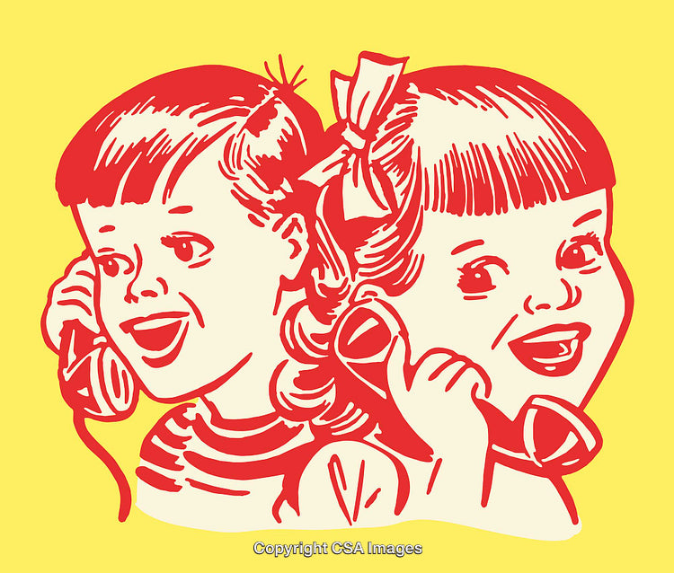 Vintage Illustration of Children Talking on Telephone in Retro Style
