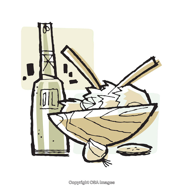 Stylized Illustration of Noodles with Chopsticks and Oil Bottle