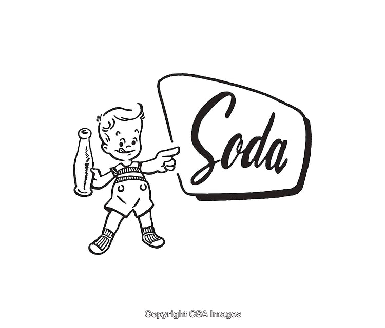 Vintage Line Art of Boy Holding Soda Bottle and Slogan