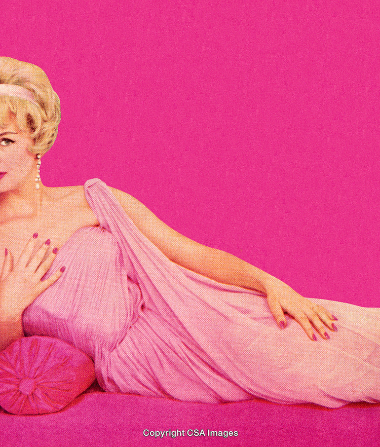 Elegant Woman Reclining in a Pink Gown Against a Vibrant Background