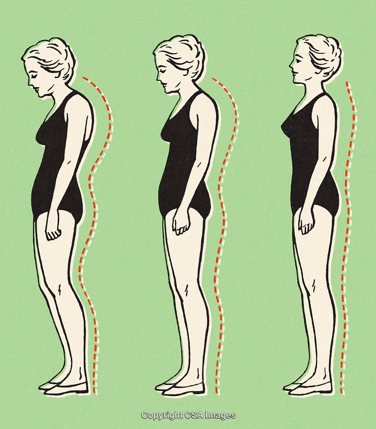 Illustration of Three Standing Postures with Highlighted Spine Alignment on Green Background