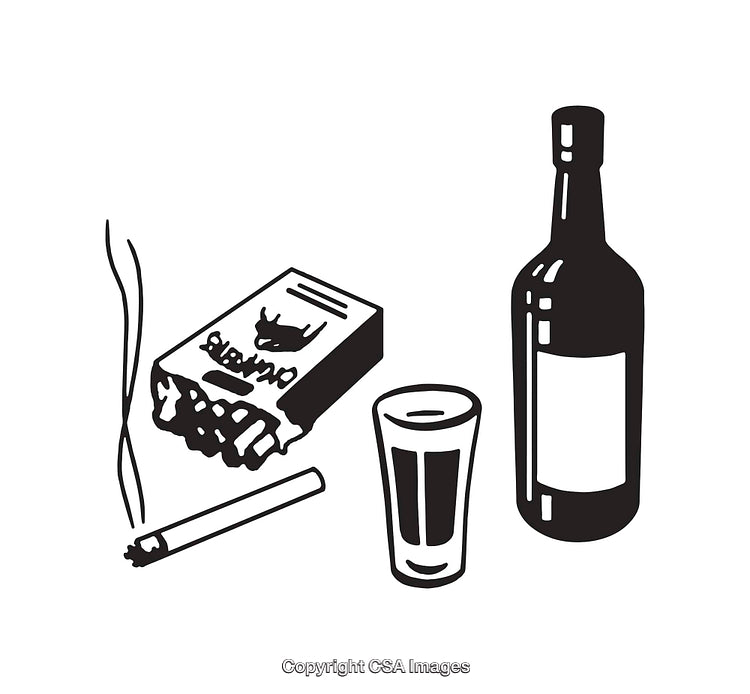 Black-and-White Vector Illustration of Cigarette, Liquor Bottle, and Glass
