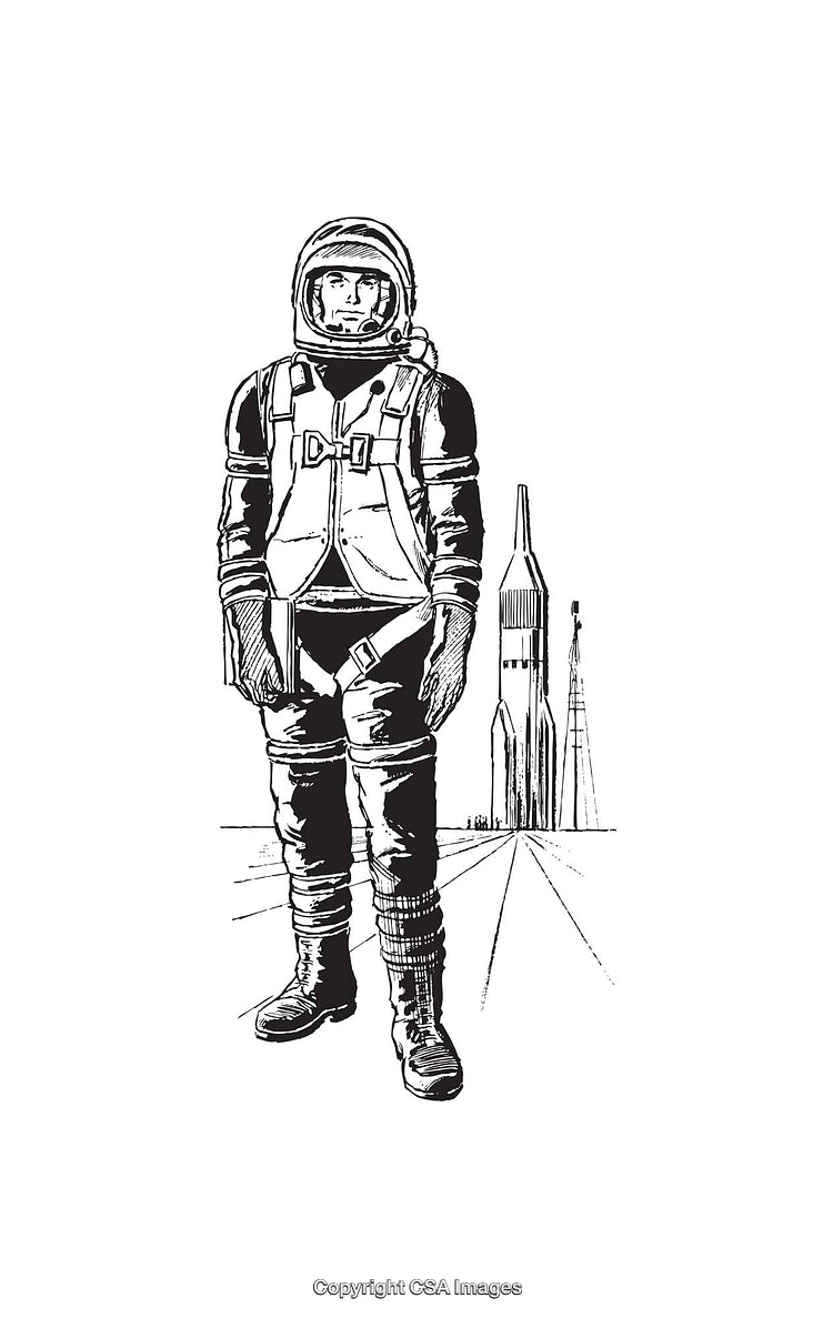 Black and White Line Art of an Astronaut and Rocket Illustration