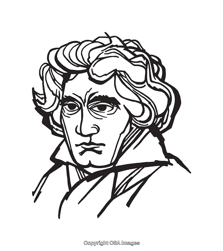 Detailed Black and White Line Art Illustration of a Historical Figure