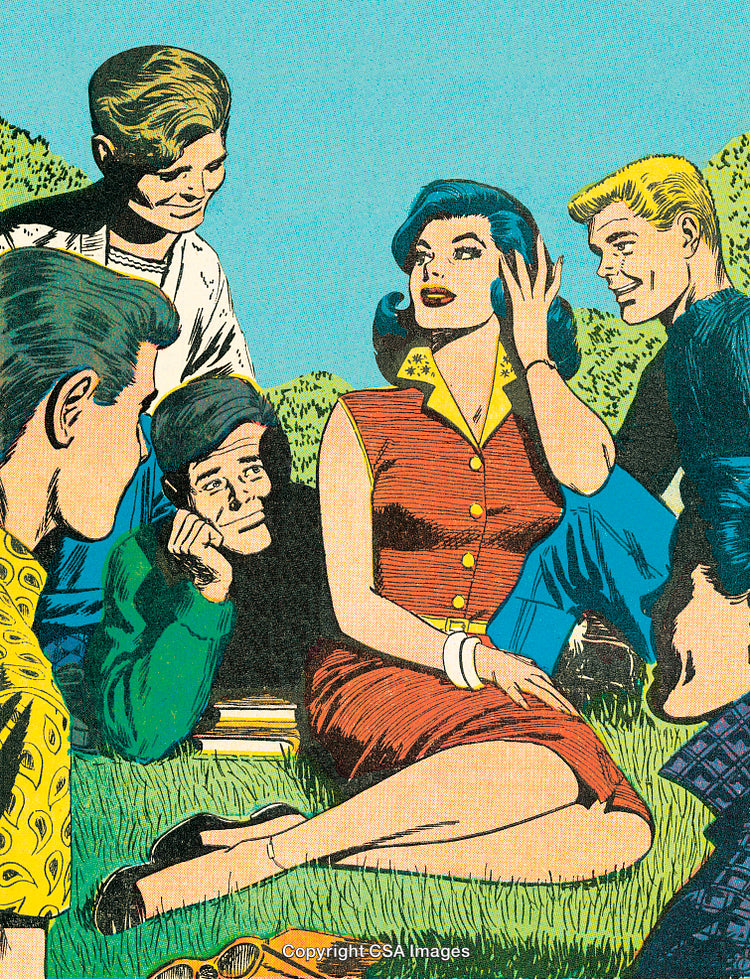 Group Gathering in Vintage Comic Style Illustration Outdoors