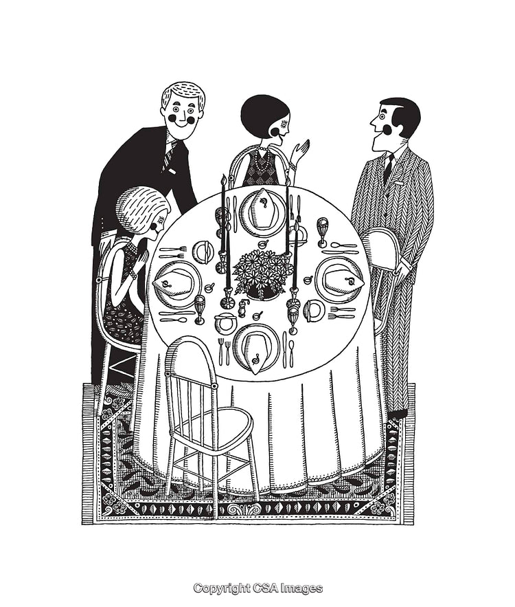Black and White Dining Scene Illustration Featuring Elegant Formal Attire