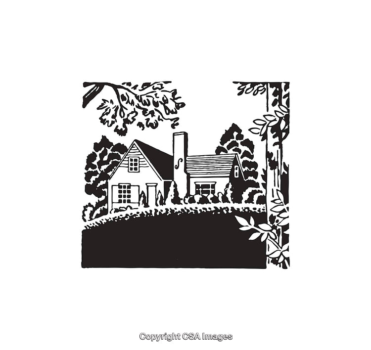 Charming Cottage Home Surrounded by Lush Trees in Black and White Artwork