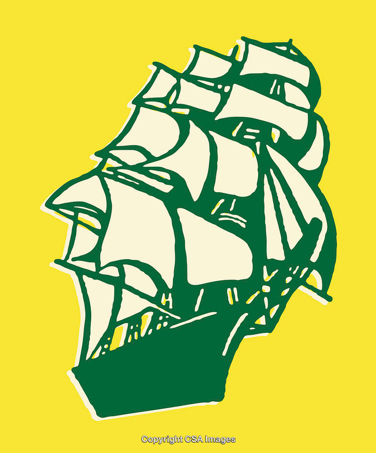 Colorful Linocut Illustration of a Sailing Ship on a Vibrant Background
