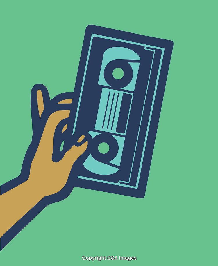 Colorful Illustration of a Hand Holding a VHS Tape on Green Background