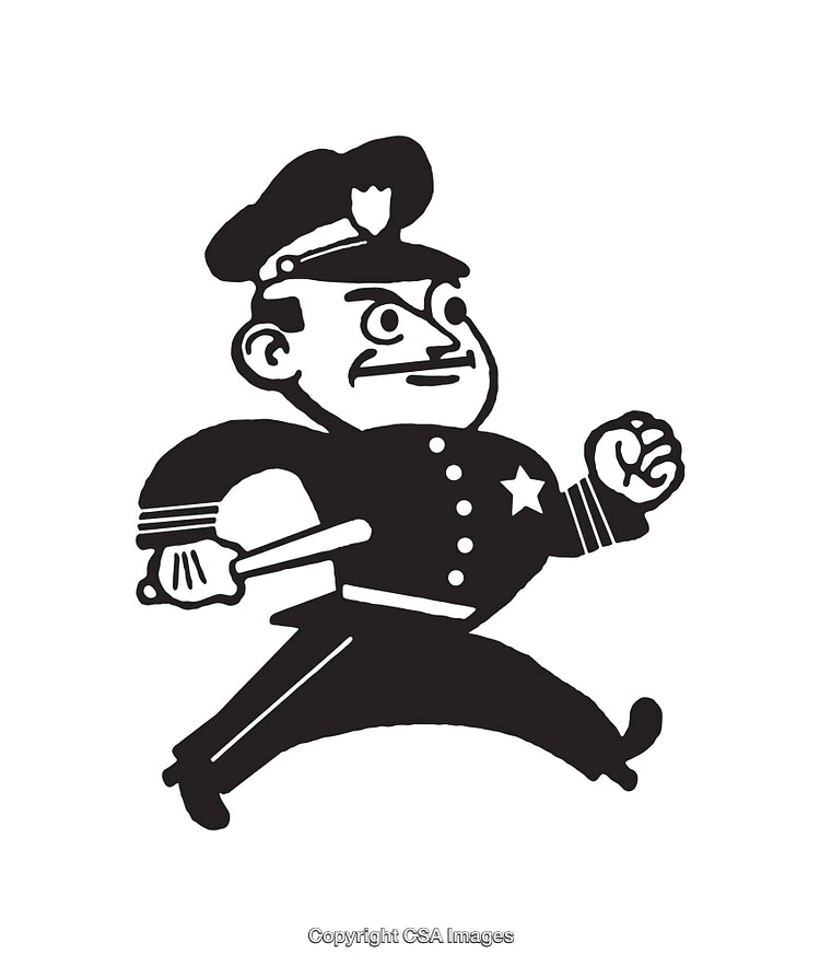 Black and White Line Art of a Running Police Officer Character