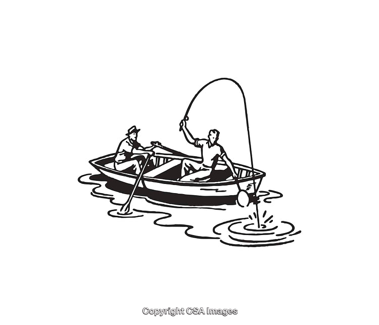 Two Men Fishing in a Rowboat on Calm Water in Line Art