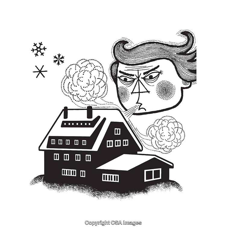 Whimsical Illustration of Winter Wind and Snow Around a Cozy House