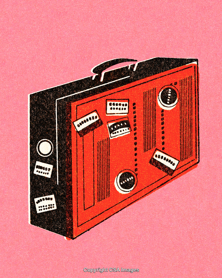 Red Vintage Suitcase Illustration with Travel Stickers on Pink Background