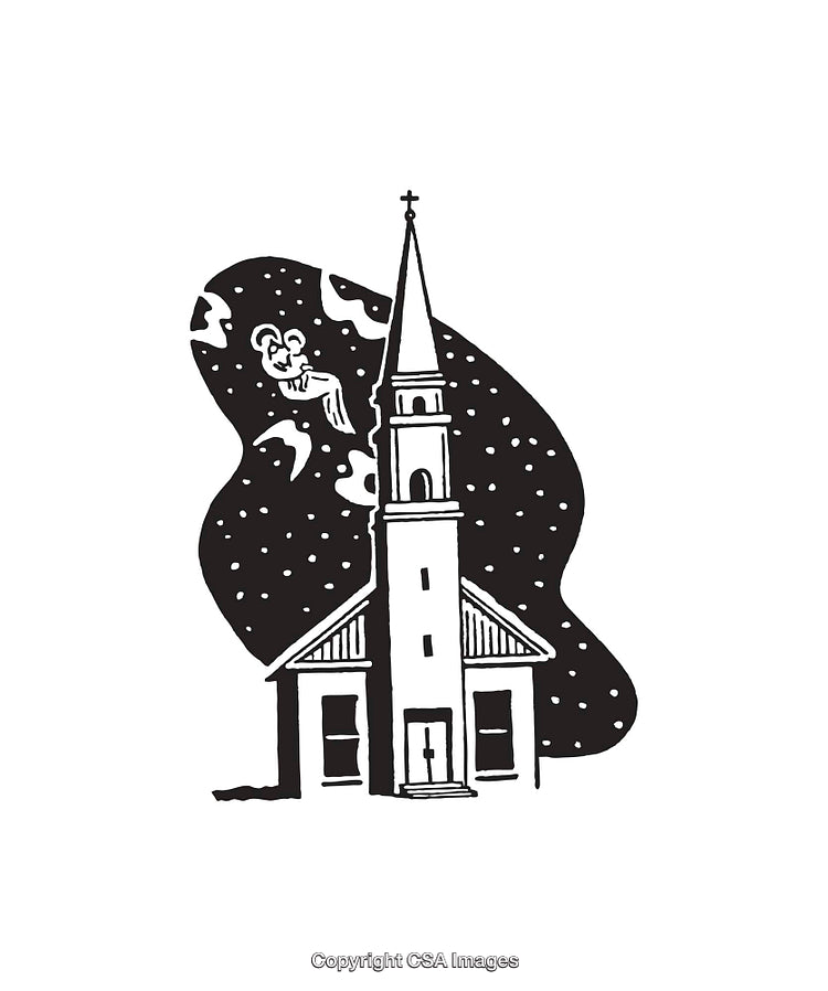 Black And White Line Art of Church with Starry Background