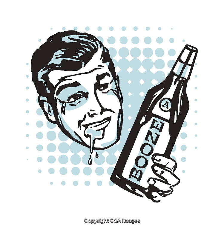 Retro Style Illustration Featuring Man Holding Liquor Bottle in Whimsical Style