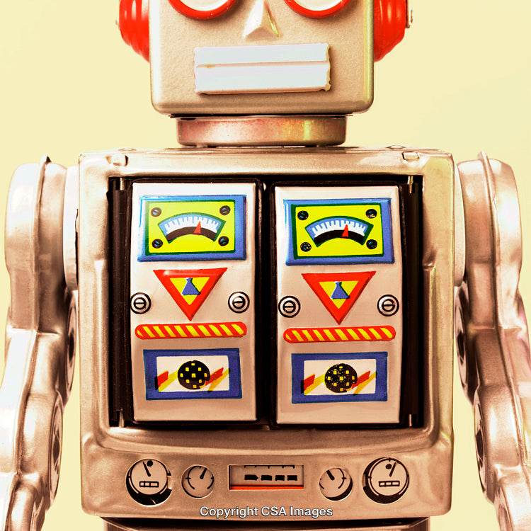 Retro Robot Toy with Colorful Details on a Light Background
