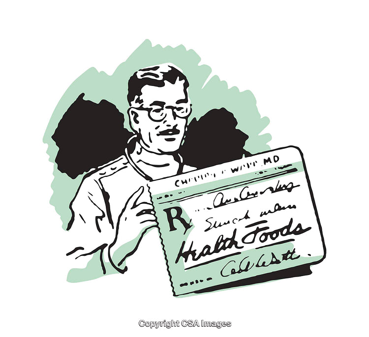 Illustration of a Doctor Holding a Prescription for Health Foods