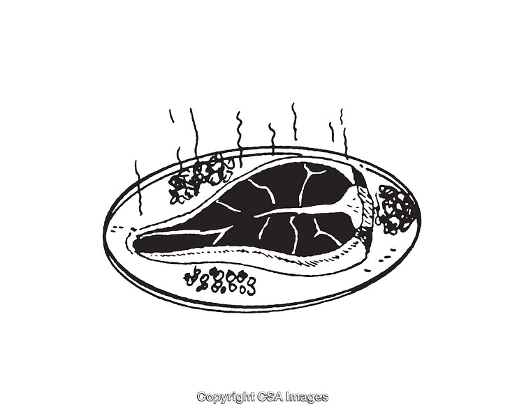 Black and White Line Art Illustration of a Cooked Steak on a Plate