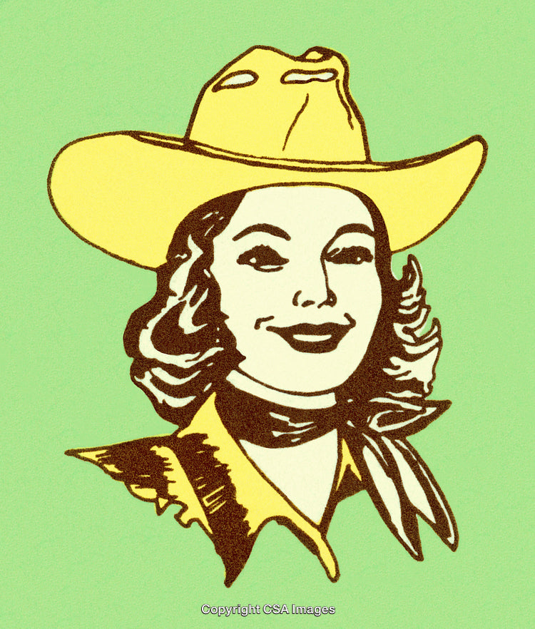 Vintage Illustration of a Smiling Cowgirl in a Yellow Hat and Scarf