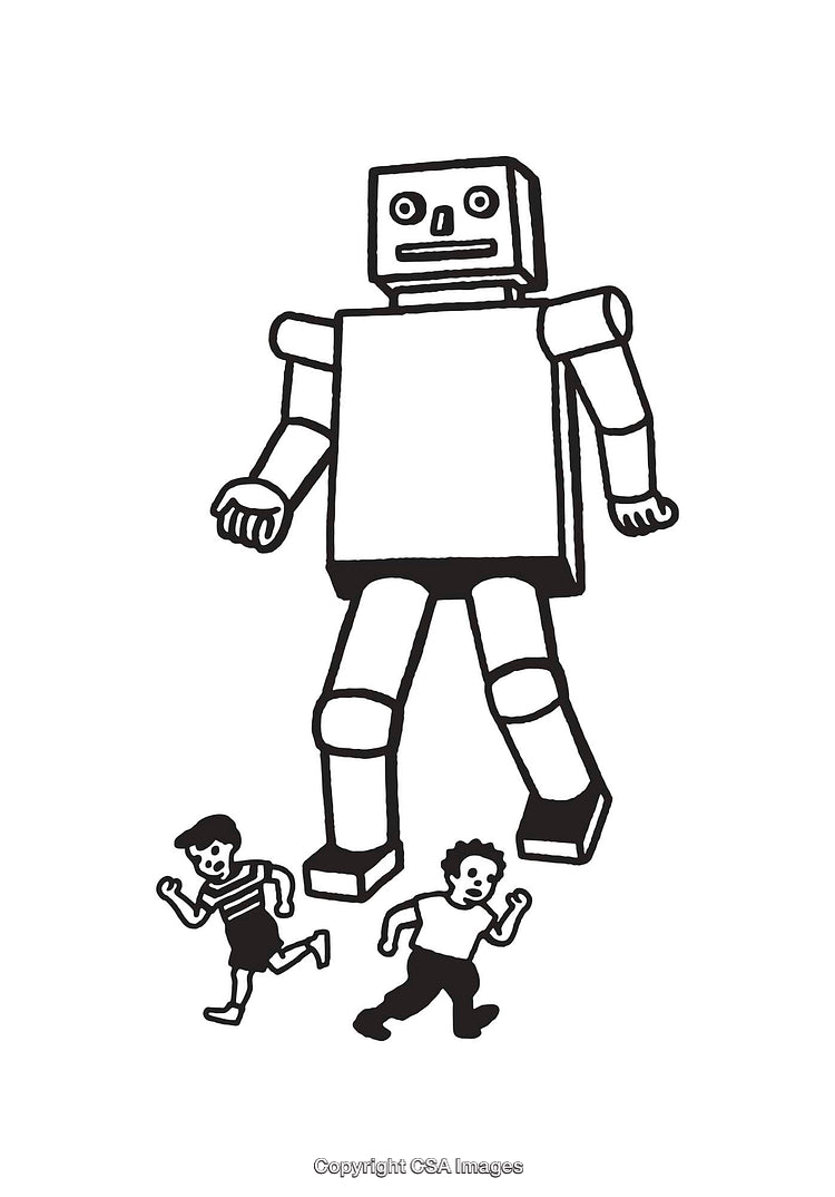 Robot Chasing Children in Black and White Comic Style Illustration