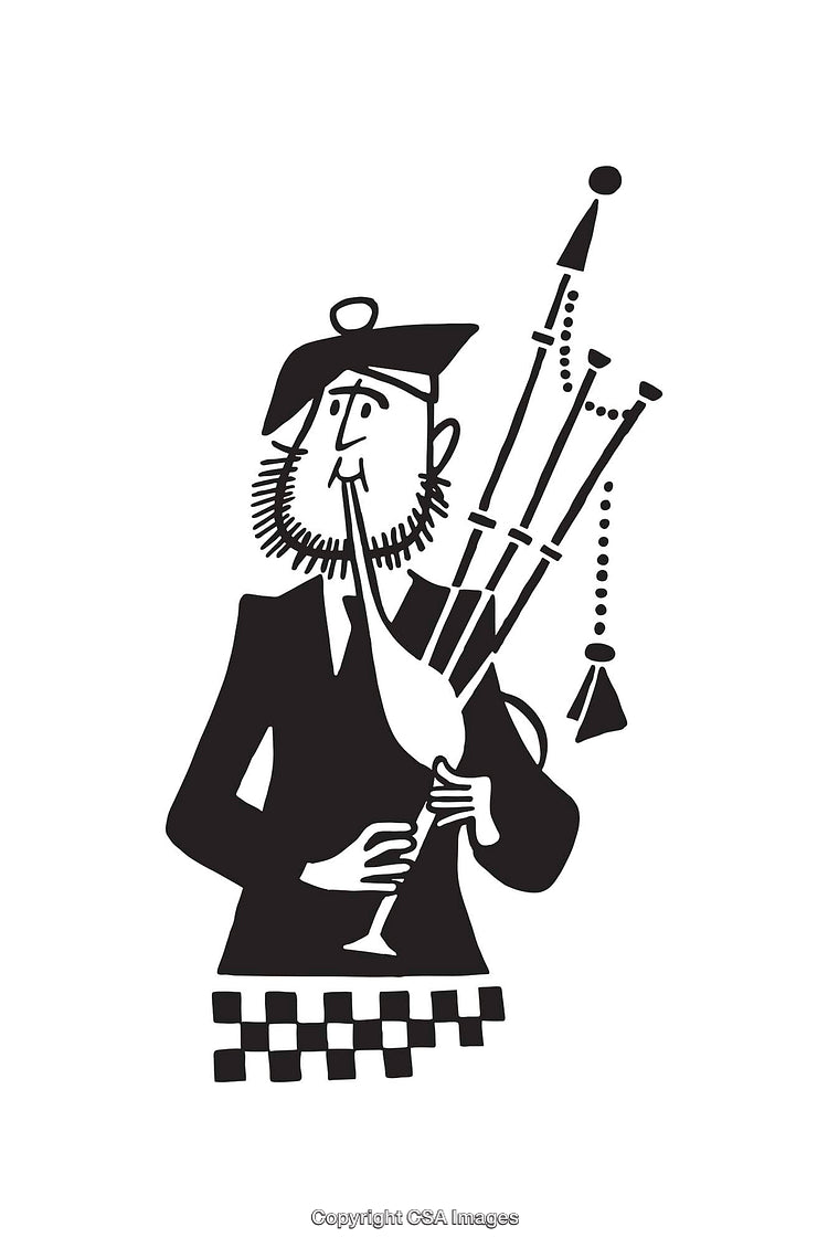 Black and White Artwork of a Bagpiper Playing a Bagpipe