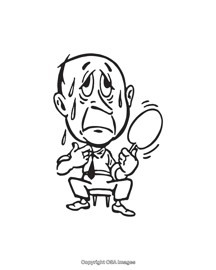 Black and White Illustration of a Sweating Man Holding a Hand Fan